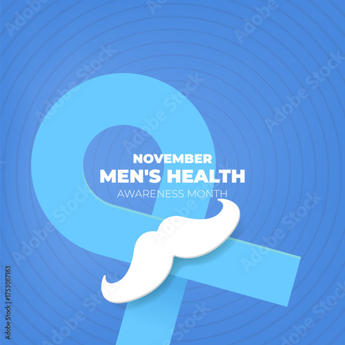 November Mens Health awareness month square banner with blue ribbon and moustache icon. Blue November is prostate cancer awareness month with moustache and ribbon. Movember mens health month poster