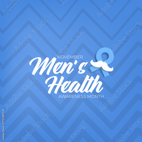 November Mens Health awareness month square banner with blue ribbon and moustache icon. Blue November is prostate cancer awareness month with moustache and ribbon. Movember mens health month poster