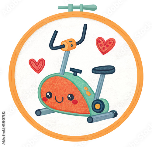 Cute cartoon stationary bike with hearts, promoting fitness and healthy lifestyle in a fun, playful way for children's health and wellness education