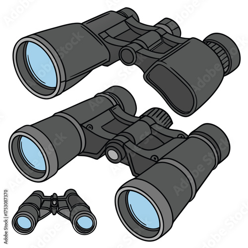 Three binoculars are illustrated from different angles, showing eyepieces, blue-tinted lenses, central focusing knobs, and textured grips. They highlight design variations of optical tools used.