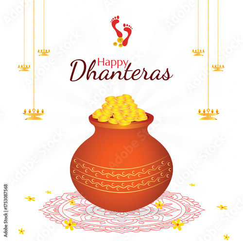 Happy Dhanteras Festival Greeting with Pot of Gold Coins and Decorative Lamps