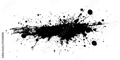 Abstract black ink splatter splash and brush stroke effect isolated on white background