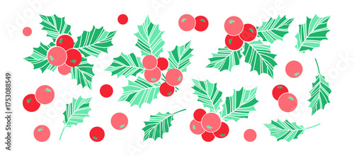 Christmas mistletoe, holly berry and leaf. Xmas holiday plant, winter ilex icon. Simple fruit sprig branch, red and green colors. American and European autumn vintage set. Cartoon vector illustration