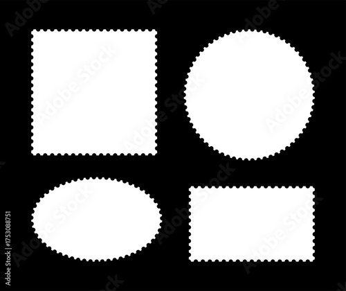 Postage stamp white frame. Blank circle, rectangular, square vintage stamps. Tags, boxes, sticker, labels, coupons, mail, curvy, wiggly, wavy perforated edges. Backgrounds for postcards, letters.