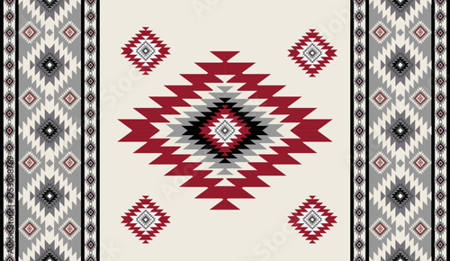 Seamless geometric ethnic pattern inspired by Native American tribal fabric. Traditional Aztec and Navajo style carpet and tile vector design on navy blue background. Perfect for textile, wrapping,