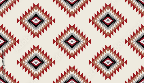 Seamless geometric ethnic pattern inspired by Native American tribal fabric. Traditional Aztec and Navajo style carpet and tile vector design on navy  background. Perfect for textile, wrapping,