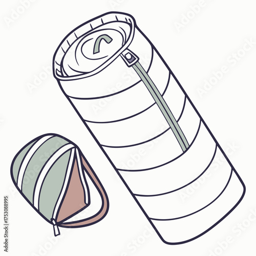 Illustration of a rolled up sleeping bag and a small pouch with a zipper Keywords: sleeping bag, camping, outdoor, travel, adventure, gear, equipment, sleeping, comfort, warmth, rolled up, pouch
