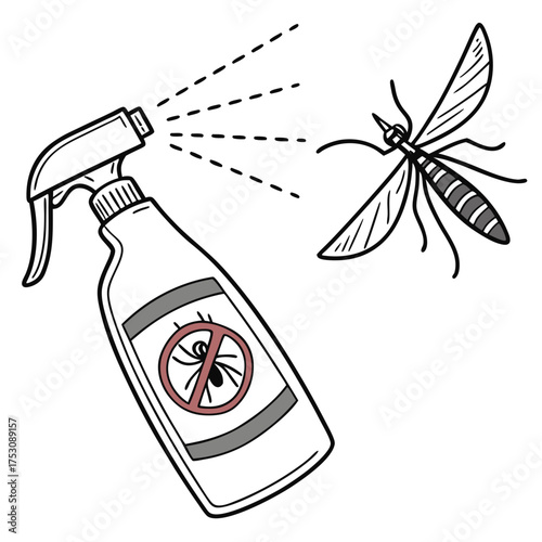 Mosquito Spray Bottle with Insecticide and Flying Mosquito on White Background Keywords: mosquito, spray, insecticide, bug spray, pest control, repellent, insect, flying, danger, warning