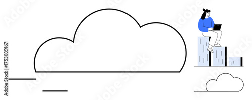 Large cloud with a woman sitting on bars while using a laptop. Ideal for technology, data storage, remote work, innovation, cloud computing, connectivity, productivity. Simple flat metaphor