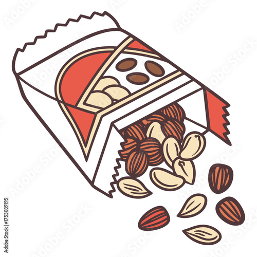 Open Snack Bag Spilling Mixed Nuts and Seeds on a White Background Keywords: nuts, seeds, snack, food, healthy, mixed, almonds, peanuts, cashews, pumpkin seeds, sunflower seeds, bag, packaging