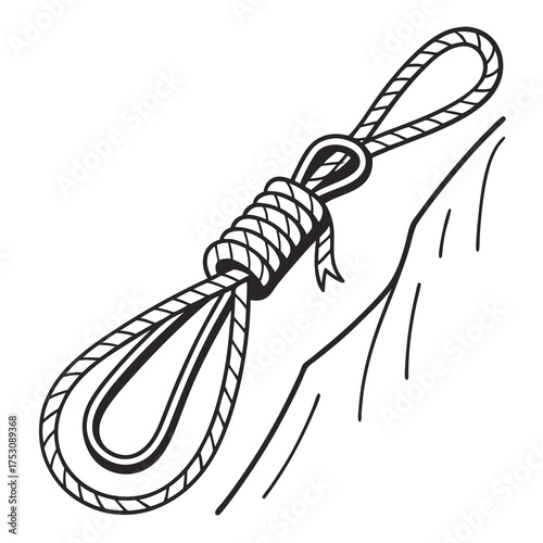 Rope with Noose Knot Illustration Keywords: rope, noose, knot, loop, lasso, snare, trap, danger, threat, suicide, death, dark, grim, illustration, drawing, sketch, black and white, white