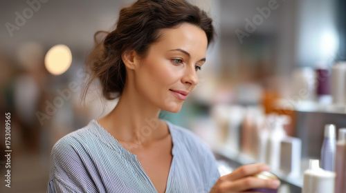 Shopper examining hair care product ingredients at beauty supply store crop below eyes background softly defocused faceless background defocused product research ingredient