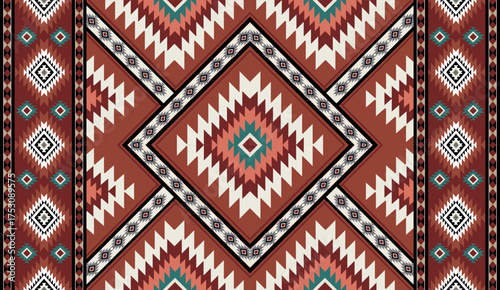 Seamless geometric ethnic pattern inspired by Native American tribal fabric. Traditional Aztec and Navajo style carpet and tile vector design on navy  background. Perfect for textile, wrapping,