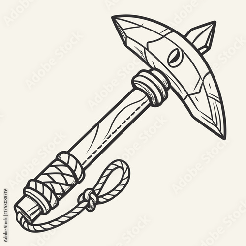 Stylized illustration of a crystal pickaxe with a wooden handle and rope loop Keywords: pickaxe, tool, mining, crystal, gem, axe, weapon, fantasy, game, equipment, digging, rock, stone, ice