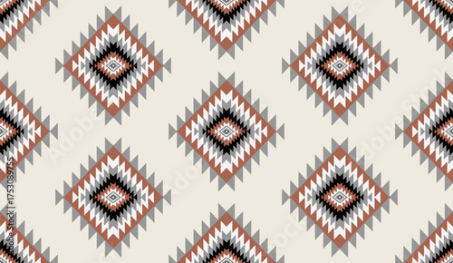 Seamless geometric ethnic pattern inspired by Native American tribal fabric. Traditional Aztec and Navajo style carpet and tile vector design on navy blue background. Perfect for textile, wrapping,