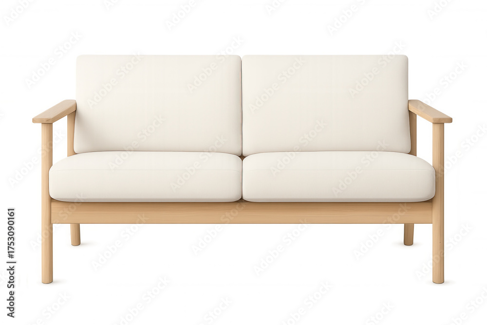 Fototapeta premium Minimalist loveseat with white upholstery and wooden frame, modern furniture, interior design concept, transparent background