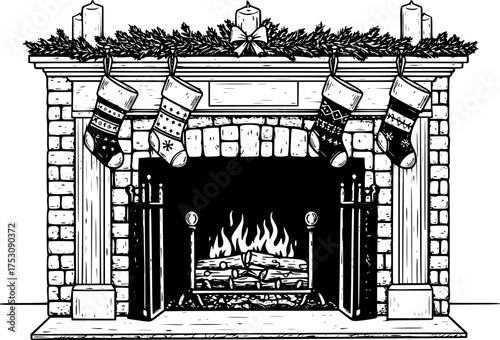 Vintage black and white illustration of a fireplace with stockings. The set features decorative elements like a stone mantle and plants in a cozy setting