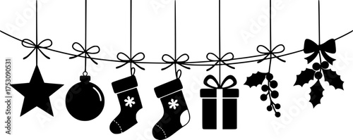 Black and white christmas themed vector image with candy canes stockings and christmas tree decorations | editable eps vectors silhouette
