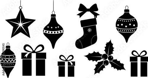 Decorative Christmas stocking silhouettes vector art. Black and white Christmas stocking silhouettes vector. Christmas stocking silhouettes set with snowflakes. Vector Christmas stocking silhouettes