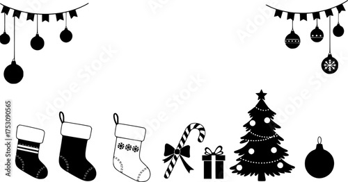 Black and white christmas themed vector image with candy canes stockings and christmas tree decorations | editable eps vectors silhouette
