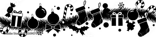 Black and white christmas themed vector image with candy canes stockings and christmas tree decorations | editable eps vectors silhouette
