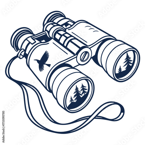 Vintage style illustration of binoculars with a bird and forest scene optics viewing