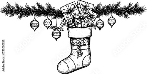 Black and white christmas themed vector image with candy canes stockings and christmas tree decorations | editable eps vectors silhouette
