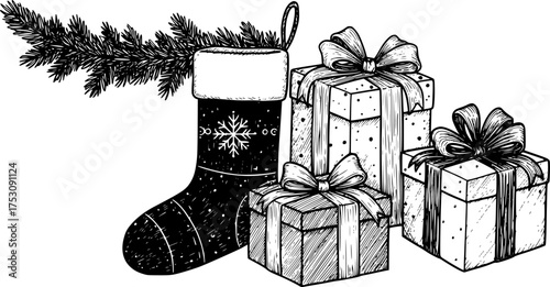 
Holiday stocking and gift set for decoration. Vintage black and white vector illustration featuring presents, bows, and festive elements.
