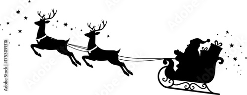 Santa Claus sleigh silhouette vector, flying reindeer pulling gift-loaded sleigh with stars, black Christmas illustration on white background, isolated festive artwork for stock 
