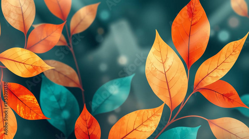 Vibrant Autumn Leaves on a Teal Background. Vector illustration.