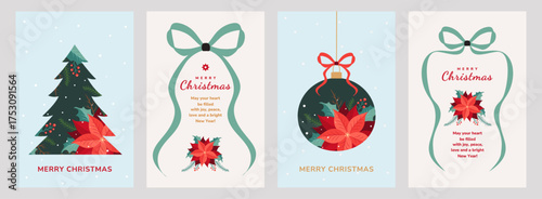 Merry Christmas greeting card set in elegant vector style.Features a hand-drawn Christmas tree, poinsettia, holly berries, bows, and ribbons.Ideal for festive posters, banners, and holiday invitations