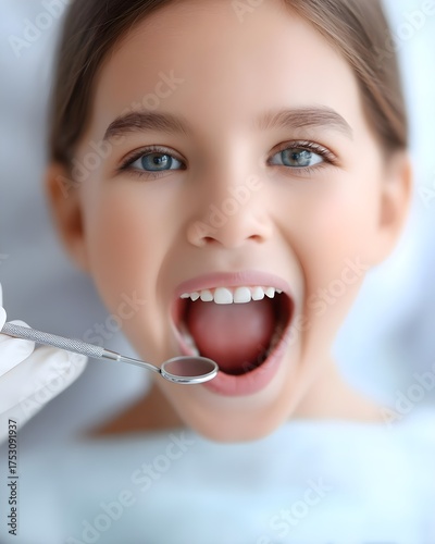 Young girl at dentist office during dental check-up smiling wide