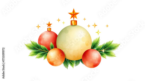 Christmas balls and pine branches. Vector illustration isolated on white background.