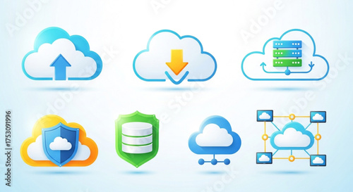 Cloud computing and data storage concept with upload, download, server, shield, network, and connection