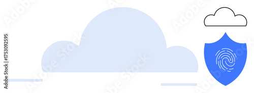 Large cloud shape and shield with fingerprint mark represent secure cloud storage and data protection. Ideal for technology, cybersecurity, data privacy, cloud services, safety, digital identity