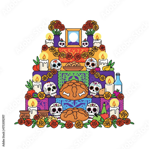 Vibrant ofrenda altar with sugar skulls, marigolds, candles, and traditional Mexican offerings on a white background with a colorful and festive mood.