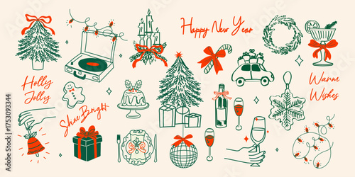 Hand drawn chalk Christmas doodle set. Retro vintage New Year party elements -Christmas tree, gifts, stars, wreath, champagne, candle, cake, bows, and holiday toys. Vector illustration festive cards  