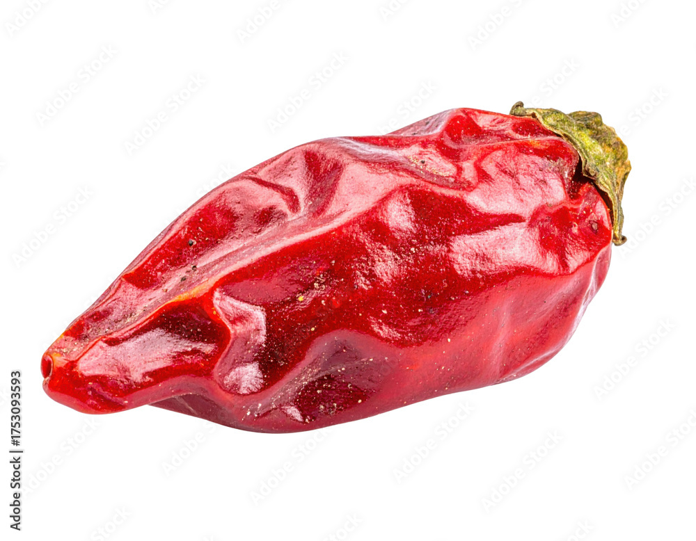 Obraz premium A vibrant red chili pepper with a wrinkled texture and a green stem, showcasing its rich color and natural form.