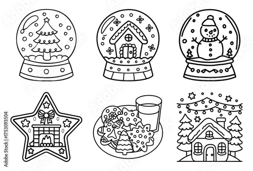 Winter Holiday Line Art Collection Christmas Tree Gingerbread House Snowman Snow Globe with Cookies Milk and Star Shaped Fireplace Line Art Set, Christmas Coloring Page