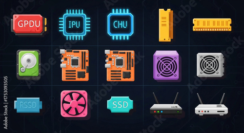 Collection of computer hardware icons on dark background, including cpu, ram, motherboard, hard drive, power supply, and network adapter