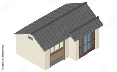 アイソメトリックイラスト：和風の平屋一戸建て