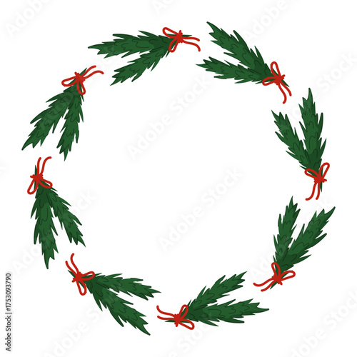 Circular Christmas wreath with green pine branch tied with red bow in flat style. Empty center space for text or design.