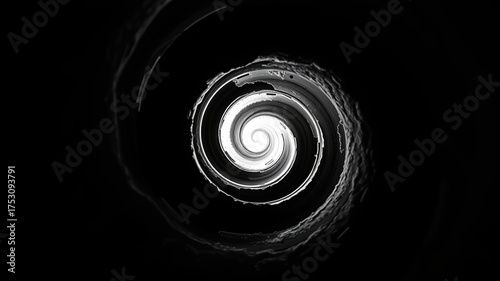 An abstract black and white spiral staircase is presented from a low angle showcasing the swirling texture and infinite depth of the architecture inside the structure.