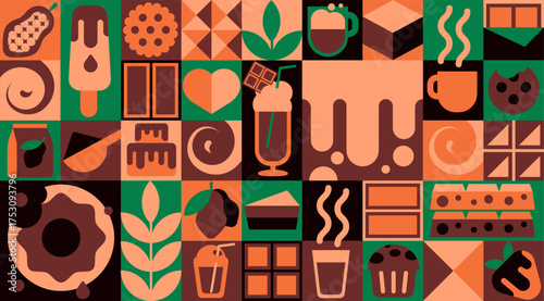 Mosaic seamless background with simple chocolate and sweets icons in geometric design