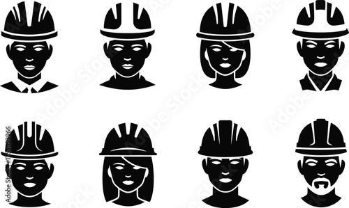 Construction worker icons, diverse engineer silhouettes, safety helmet characters, black and white vector people, labor force avatars, professional team illustration set