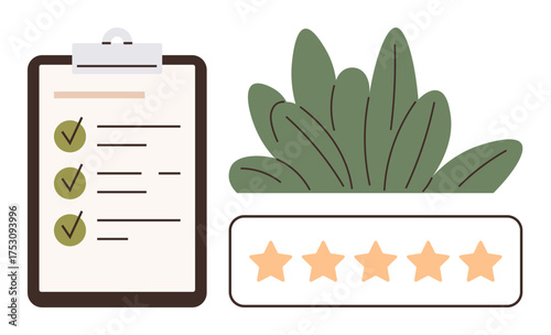 Clipboard with completed checklist, green plant, and five-star rating depict achievement, growth, and quality. Ideal for business, productivity, eco-friendly initiatives, feedback reviews rating