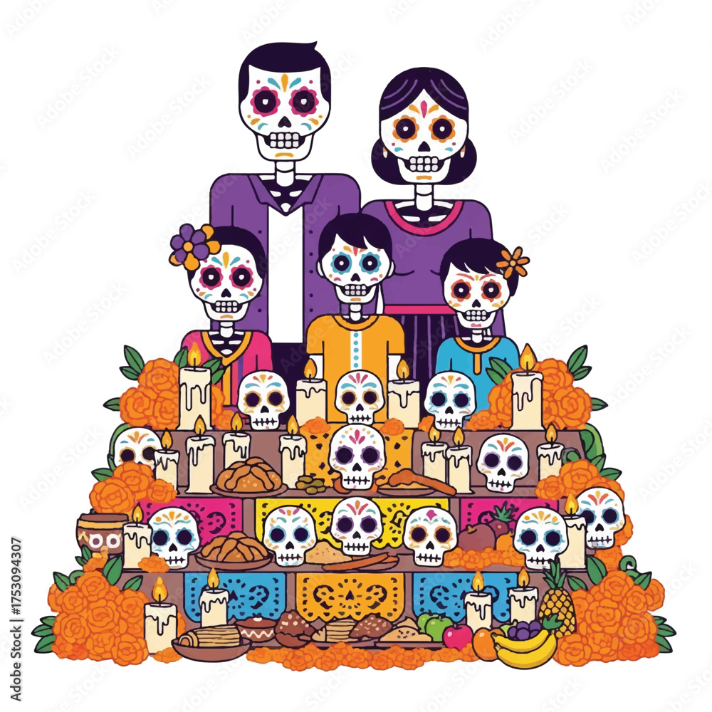 Obraz premium Illustration of a colorful sugar skull family with offerings on an altar for Day of the Dead, surrounded by marigolds and candles on a white background.