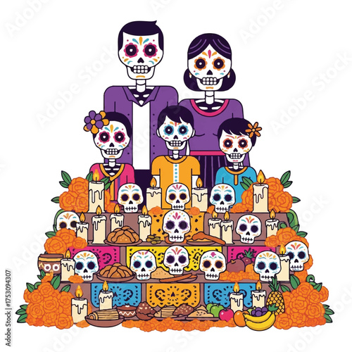 Illustration of a colorful sugar skull family with offerings on an altar for Day of the Dead, surrounded by marigolds and candles on a white background.