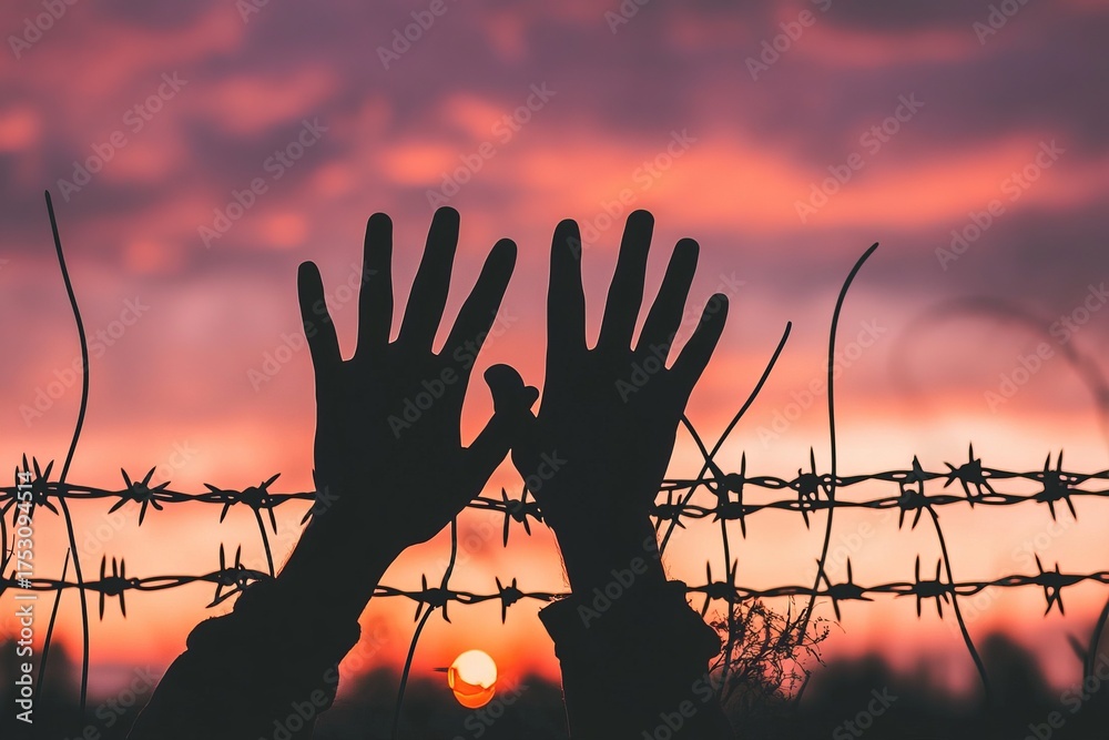custom made wallpaper toronto digitalSilhouetted hands reaching upward, barbed wire fence at sunset