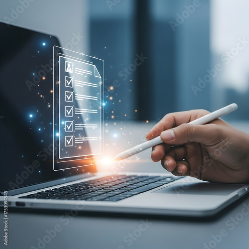 Digital Checklist Completion with Stylus on Laptop